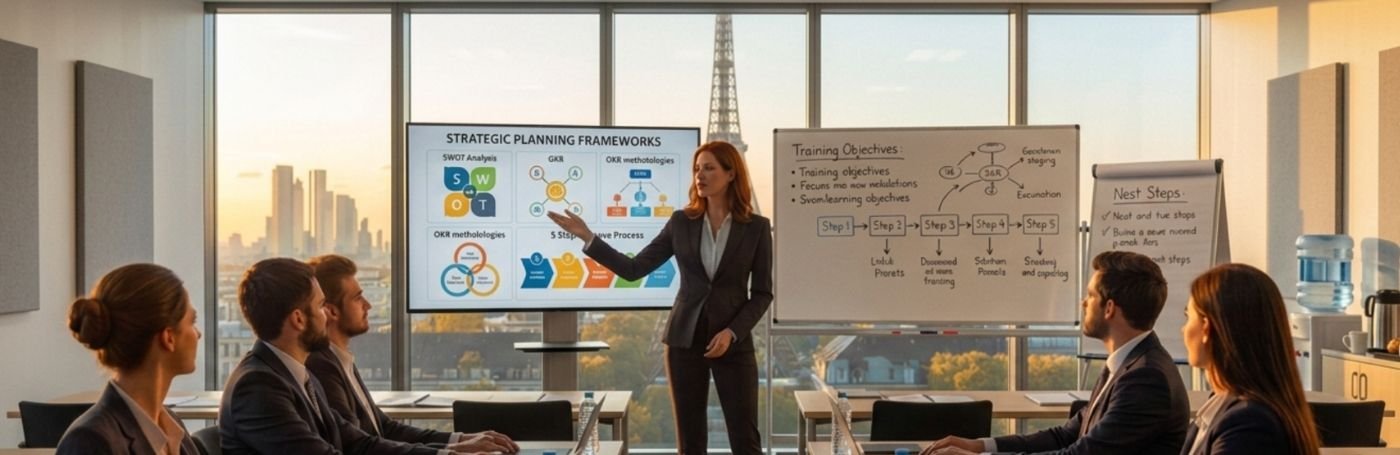 Formatrice présentant les cadres de planification stratégique (SWOT, OKR) lors d'une formation en entreprise, MAC Consulting Paris